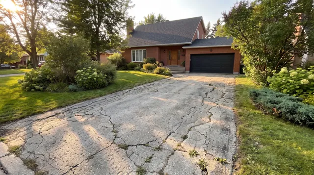 The same driveway before repair, cracked and damaged